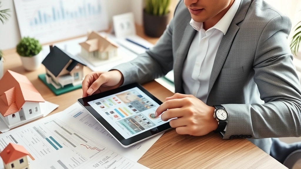 Successful entrepreneur or professional reviewing real estate portfolio and property investments on tablet and documents spread across desk, surrounded by home models and financial planning materials, professional workspace