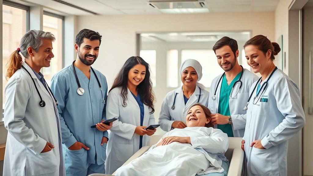 Professional healthcare team in modern hospital setting, diverse medical professionals collaborating around patient care, warm clinical environment with natural lighting, focus on teamwork and professional expertise