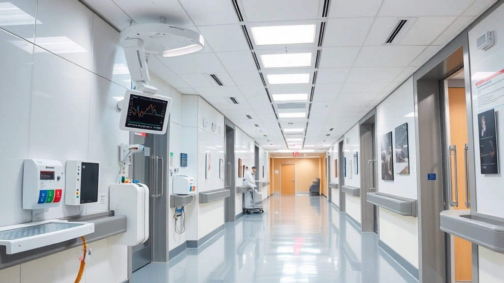 Modern medical facility interior with advanced technology, clean contemporary hospital corridors, professional healthcare infrastructure, emphasizing quality care environment and institutional excellence