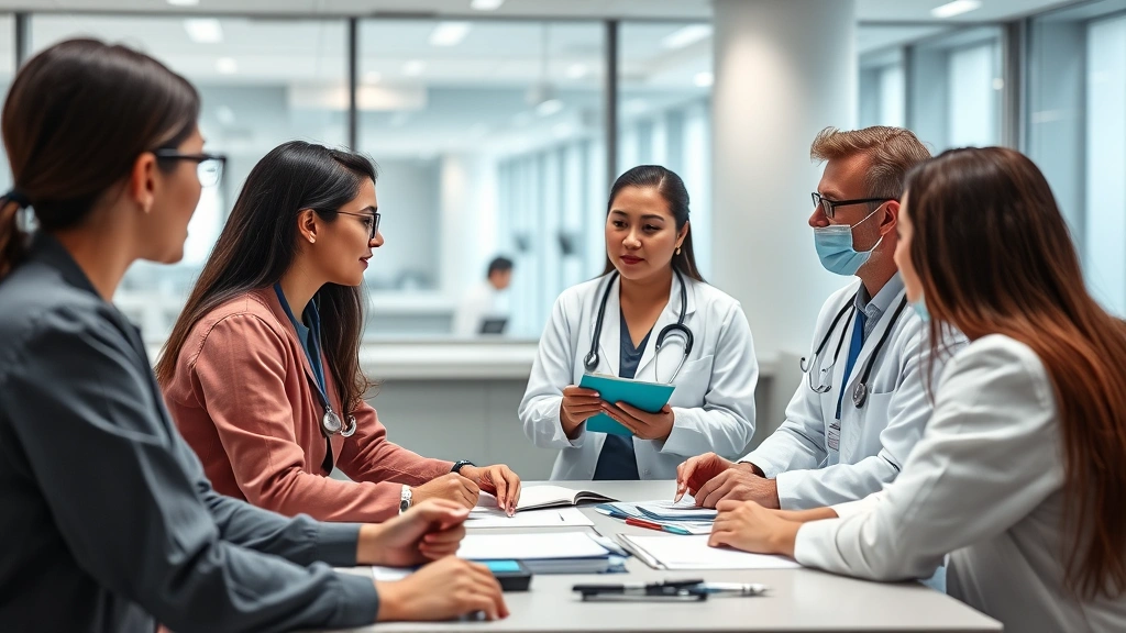 Healthcare professionals in professional development session, mentoring and training moment, collaborative learning environment, diverse group engaged in continuing education, modern medical education setting