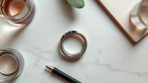 Overhead flat lay composition of a sleek premium smart health ring positioned on a minimalist white marble surface, with subtle warm lighting highlighting the device's metallic finish and elegant design, surrounded by wellness elements like a water glass and fitness notebook