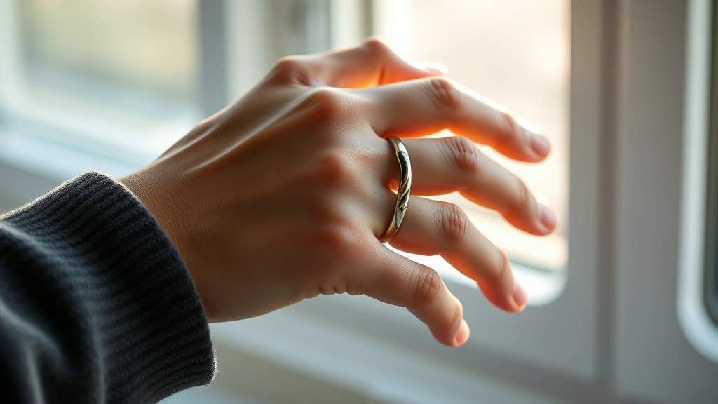 Professional close-up photograph of a person wearing a health monitoring ring on their index finger during a morning routine, showing natural light from a window illuminating their hand with the ring prominently displayed, conveying daily wellness tracking
