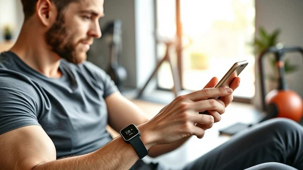 Lifestyle image of a fit individual checking health metrics on their smartphone while the smart ring is worn on their finger, sitting in a modern home environment with fitness equipment visible in the background, representing data-driven health optimization