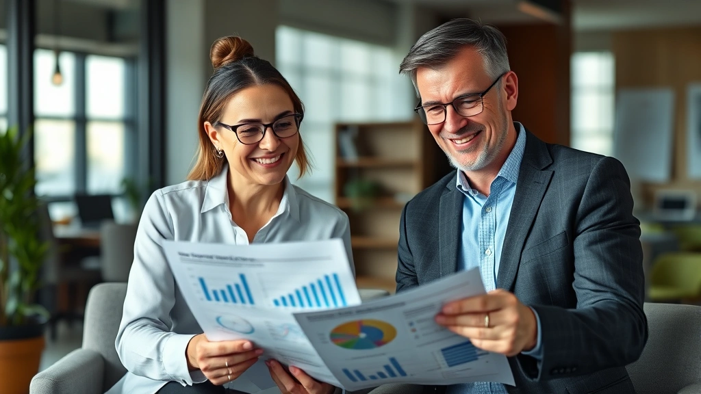 Professional financial advisor and client reviewing retirement portfolio charts and investment statements in modern office with natural lighting, warm professional atmosphere, both smiling confidently