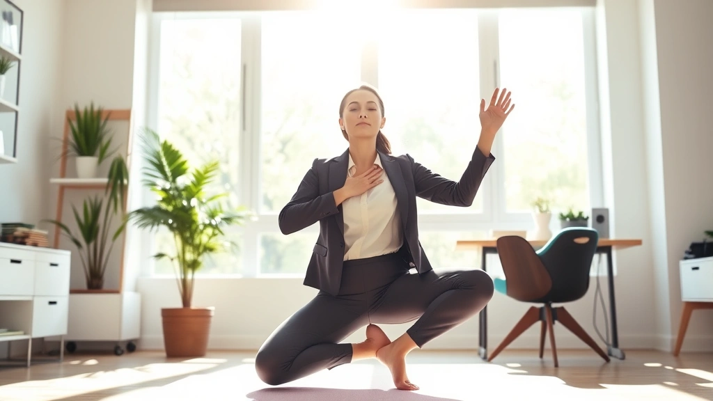 Professional woman in business attire doing morning yoga or meditation in a bright modern home office, sunlight streaming through windows, peaceful and energetic atmosphere