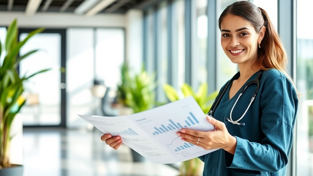 Professional healthcare worker in modern clinic environment reviewing financial documents and growth charts, confident expression, natural lighting, modern office setting with plants and contemporary design
