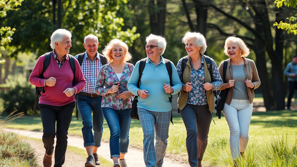 Diverse group of retirees enjoying outdoor activities together - hiking, walking in park, laughing, active lifestyle, sunny day, genuine happiness and community engagement