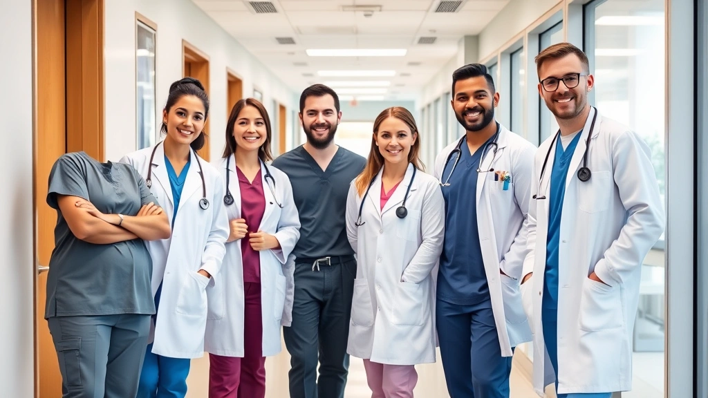 Diverse group of healthcare professionals in scrubs and white coats smiling in a modern medical clinic hallway, representing career opportunity and wellness industry growth