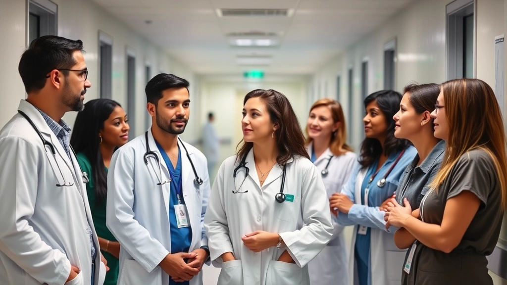 Diverse group of healthcare professionals in hospital hallway discussing career advancement with mentor figure, collaborative atmosphere, modern medical facility background, natural interaction