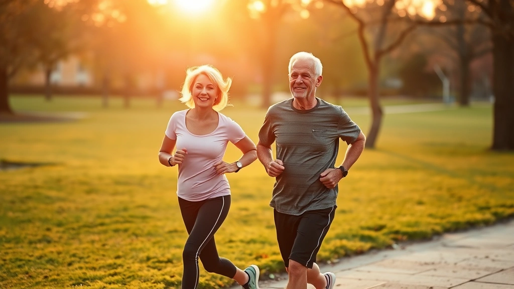 Mature couple jogging together in a beautiful park during sunrise, both fit and healthy, showing vitality and active lifestyle benefits for long-term wellness