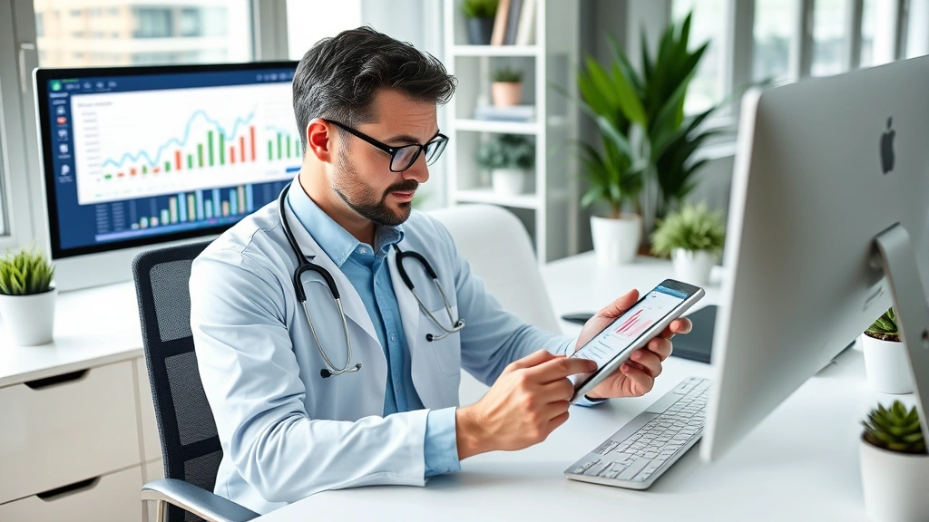 Healthcare professional reviewing investment portfolio on tablet device while sitting at desk in home office, multiple financial charts visible on computer monitor, organized professional workspace with plants
