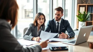 Professional financial advisor reviewing investment portfolio with client at modern office desk, natural lighting, papers and laptop visible, focused serious expressions, wealth building concept