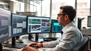 Professional epidemiologist in modern laboratory analyzing disease data on multiple computer screens with charts and graphs visible, wearing professional attire, focused expression, bright natural lighting from windows