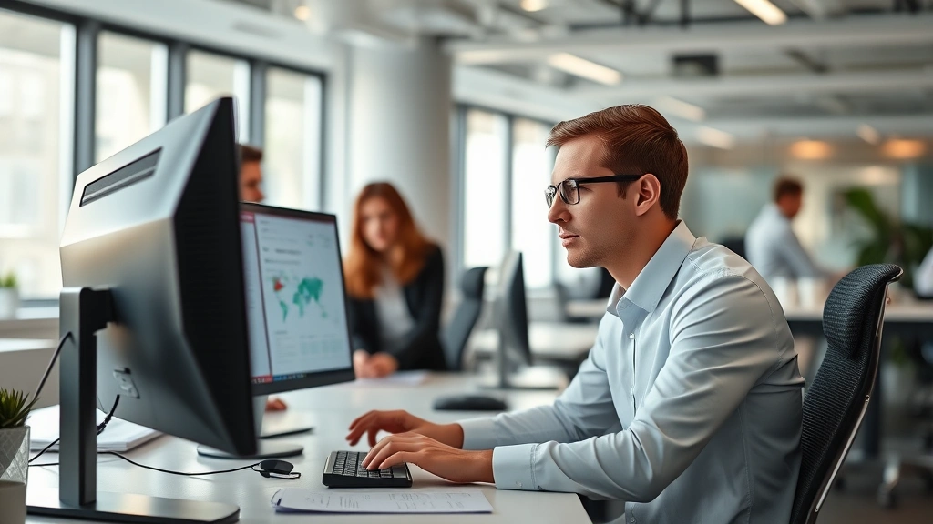 Professional public health worker in modern office analyzing health data on computer screens with colleagues collaborating in background, natural lighting through windows