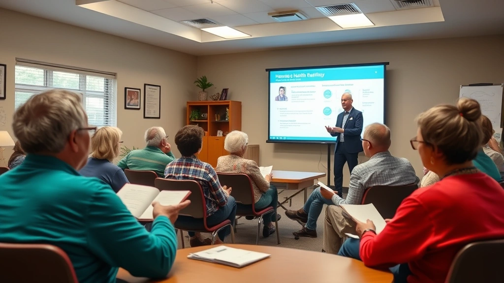 Community health educator conducting workshop with diverse group of adults in community center, presenting health information on large screen, engaged participants taking notes, warm welcoming environment
