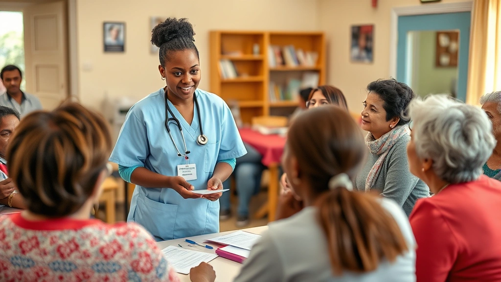 Diverse community health worker conducting health education workshop with group of people in community center, engaged participants, warm inclusive setting, real healthcare interaction