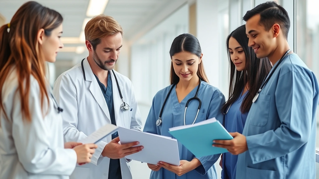 Diverse team of health professionals in clinical setting reviewing patient files and discussing disease prevention strategies, modern healthcare facility environment