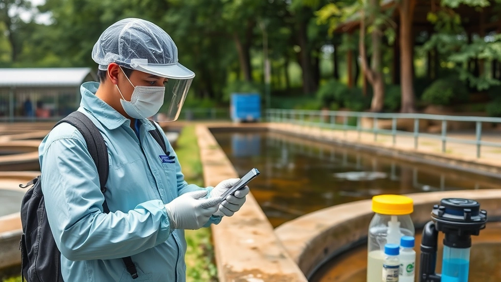 Environmental health specialist conducting water quality inspection at outdoor facility, collecting samples, wearing protective equipment, examining testing equipment, natural outdoor setting with trees and water features