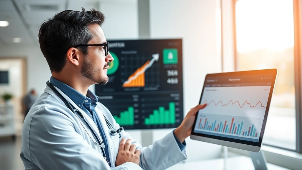 Healthcare administrator reviewing population health metrics on digital dashboard in hospital office, professional environment, modern medical technology, confident professional appearance
