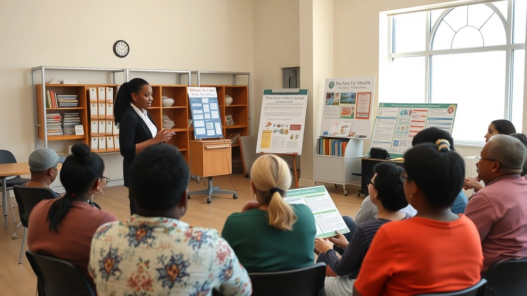 Public health educator delivering health promotion presentation to diverse community members in community center, engaging audience with health information displays