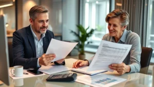 Professional financial advisor reviewing health insurance documents with client at modern office desk, calculator and benefit statements visible, warm lighting, confident expressions, mid-action conversation