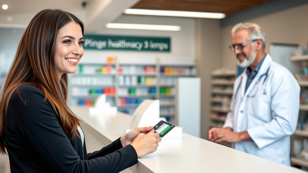 Young professional woman smiling at pharmacy counter while using healthcare payment card with pharmacist in background, modern pharmacy setting, natural lighting, genuine interaction