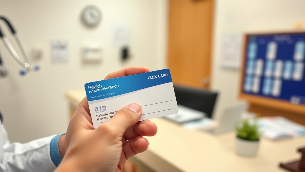 Close-up of hands holding health insurance card and flex card at doctor's office reception desk with appointment calendar visible, professional medical environment, warm tone