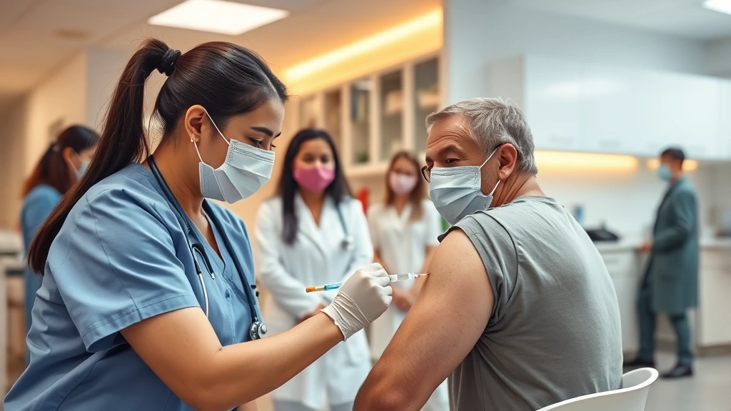 Professional public health nurse administering vaccine to adult patient in modern clinic setting with warm lighting, diverse healthcare team visible in background, clean medical environment with cabinets and equipment