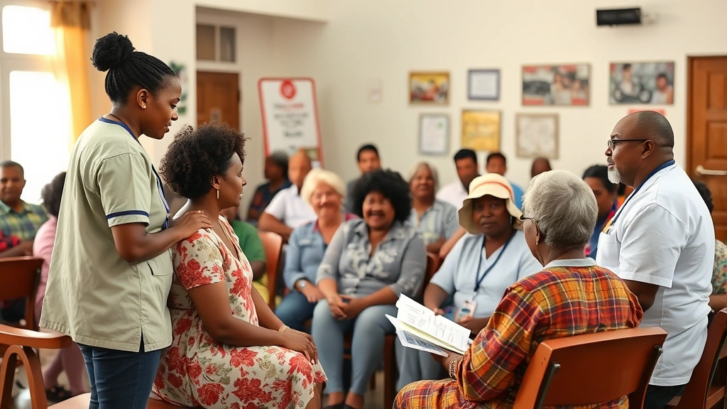 Community health workers conducting health education session with diverse group of residents in community center, people engaged in discussion, inclusive multicultural gathering with health promotion materials visible