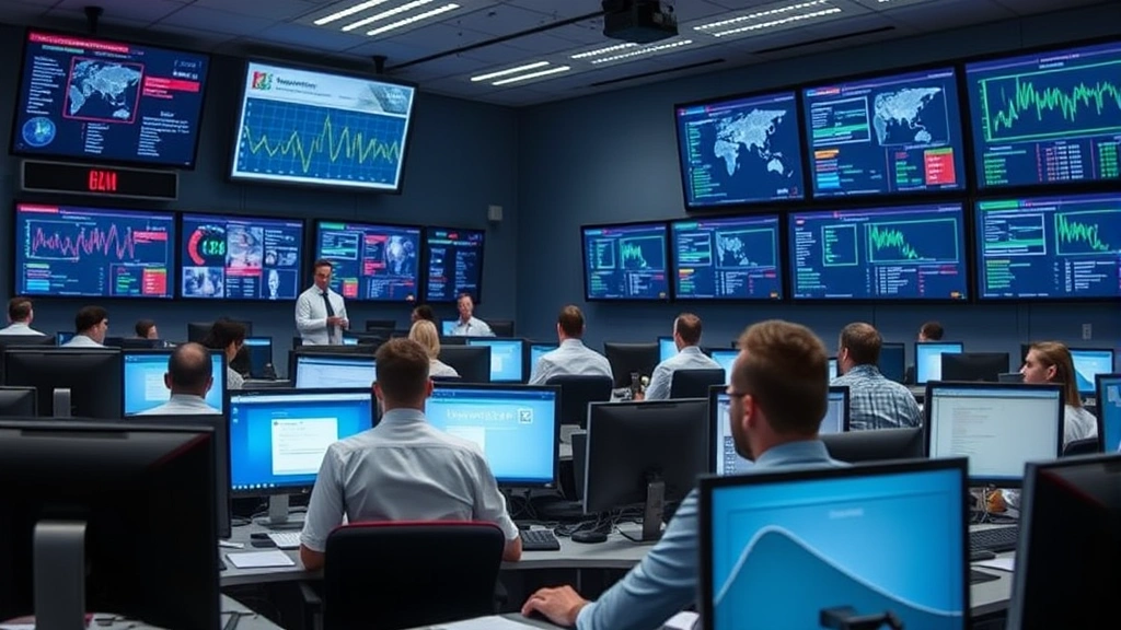 Public health emergency operations center with professionals at computer stations monitoring data, multiple screens displaying health metrics, coordinated team environment during crisis response scenario