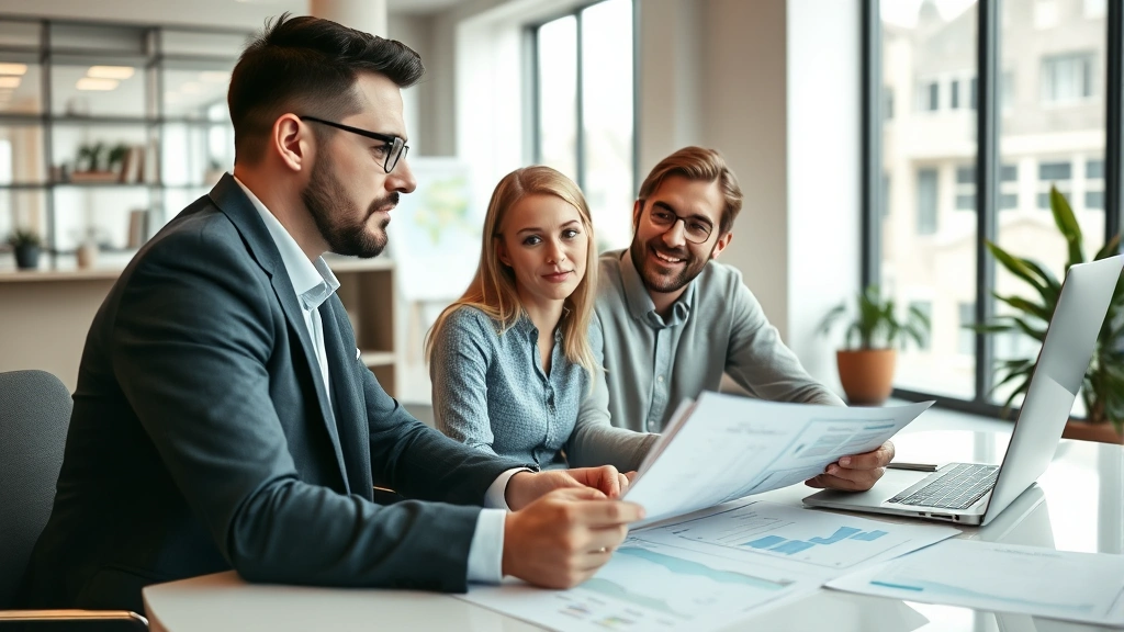 Professional financial advisor meeting with young couple reviewing investment portfolio and retirement plans in modern office with charts and financial documents on desk