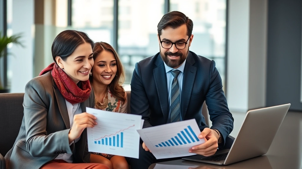 Professional financial advisor meeting with diverse couple reviewing investment portfolio and wealth growth charts in modern office setting, warm lighting, confident expressions, no visible text or numbers
