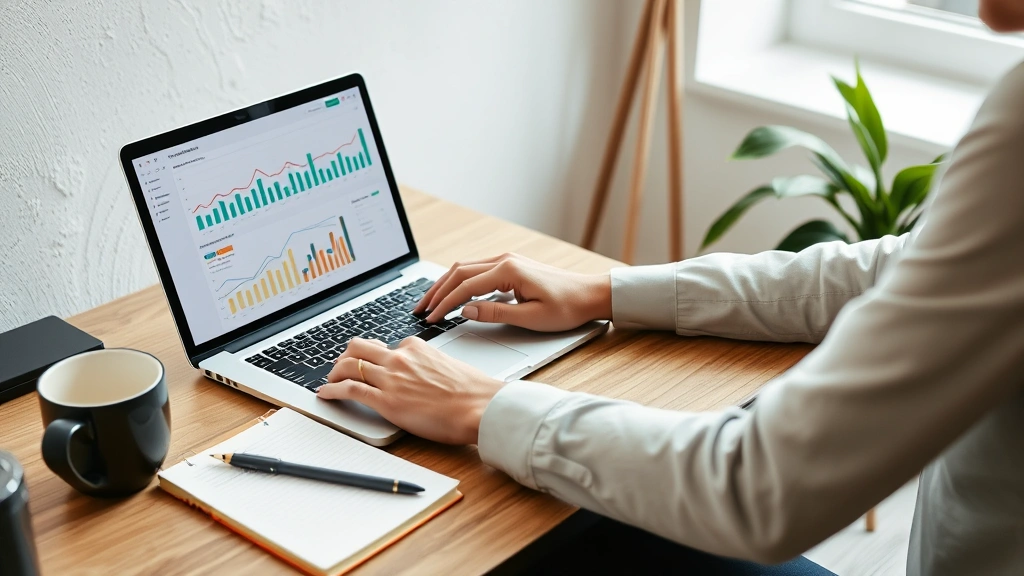 Person sitting at home office desk using laptop to manage investments and track portfolio performance with notebook and coffee cup nearby
