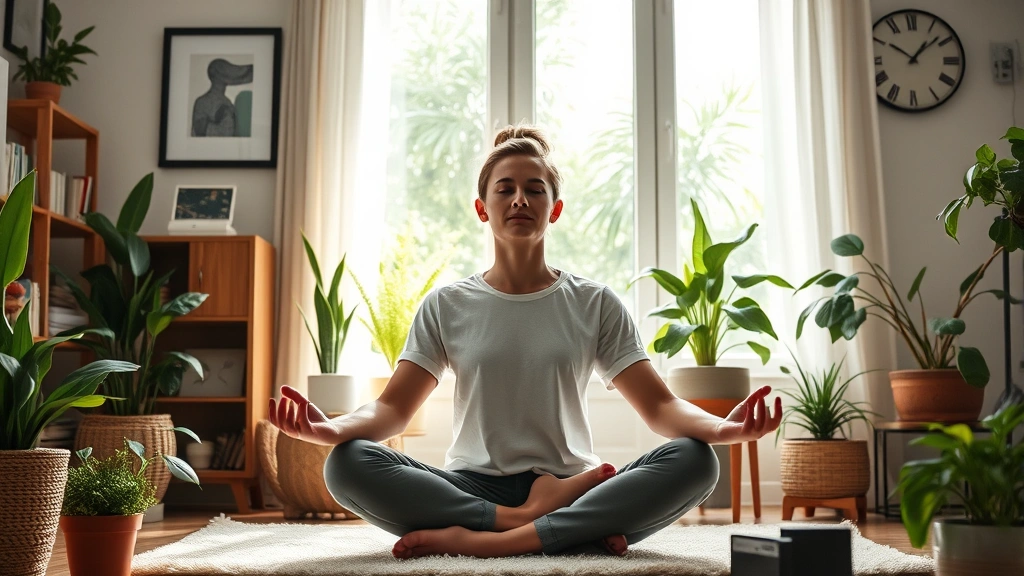 Person meditating peacefully in home office with plants and natural light, representing stress management and mental clarity for financial decision-making, serene atmosphere