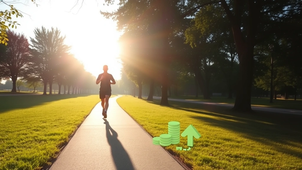 Active healthy lifestyle scene showing person jogging in morning sunlight through park, representing connection between wellness and earning potential