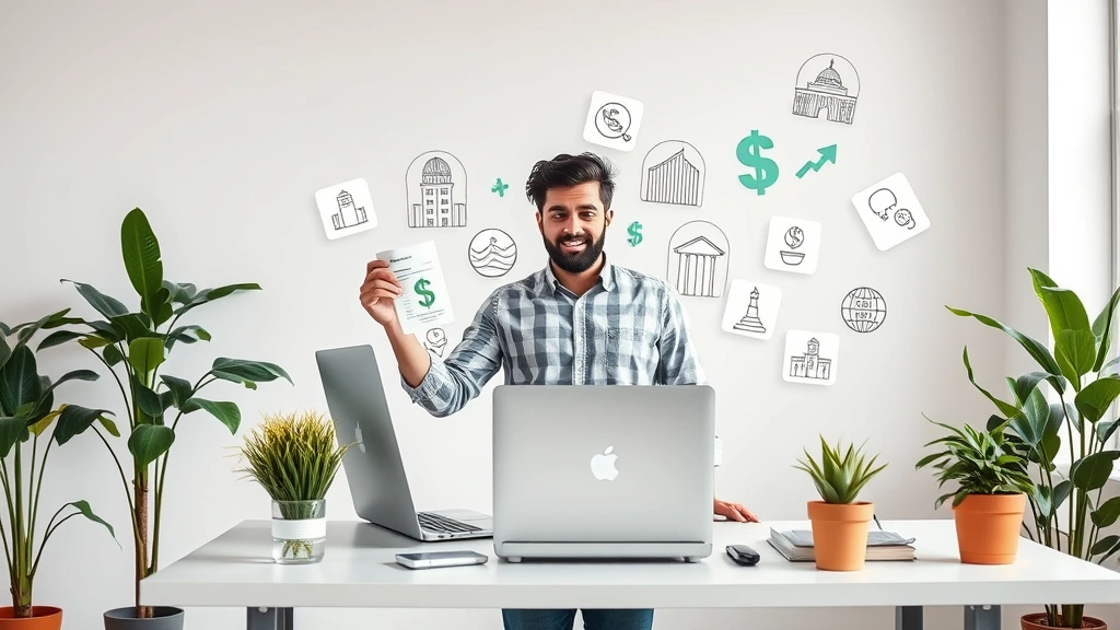 Young professional working at standing desk with multiple income streams visualization, modern workspace with plants, focused expression, representing entrepreneurship and wealth building momentum