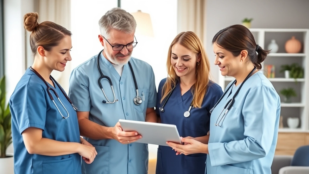 Diverse team of healthcare professionals in home health uniforms reviewing patient records on tablet together in office with modern decor