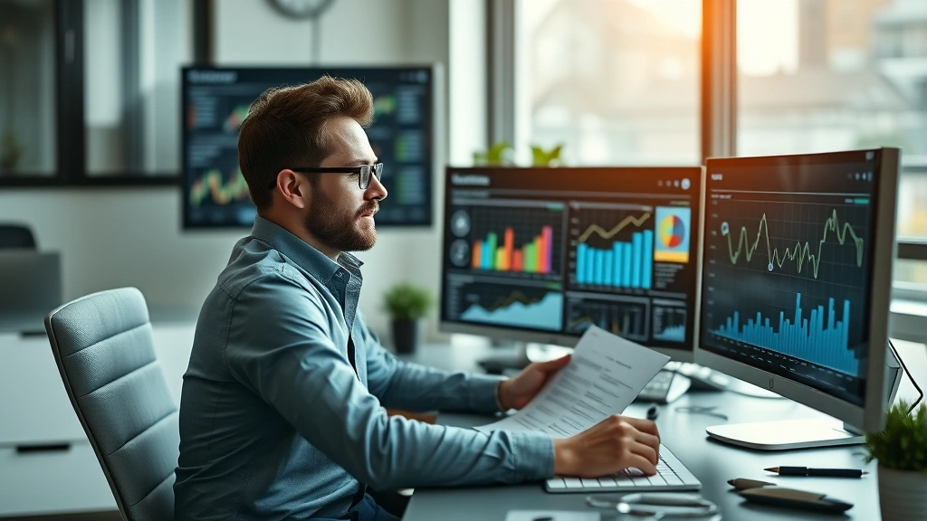 Successful healthcare entrepreneur reviewing financial reports and growth charts at desk with multiple monitors showing analytics dashboards