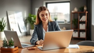 Professional woman in business attire reviewing health insurance documents at modern desk with laptop, natural lighting, focused expression, organized workspace with wellness elements