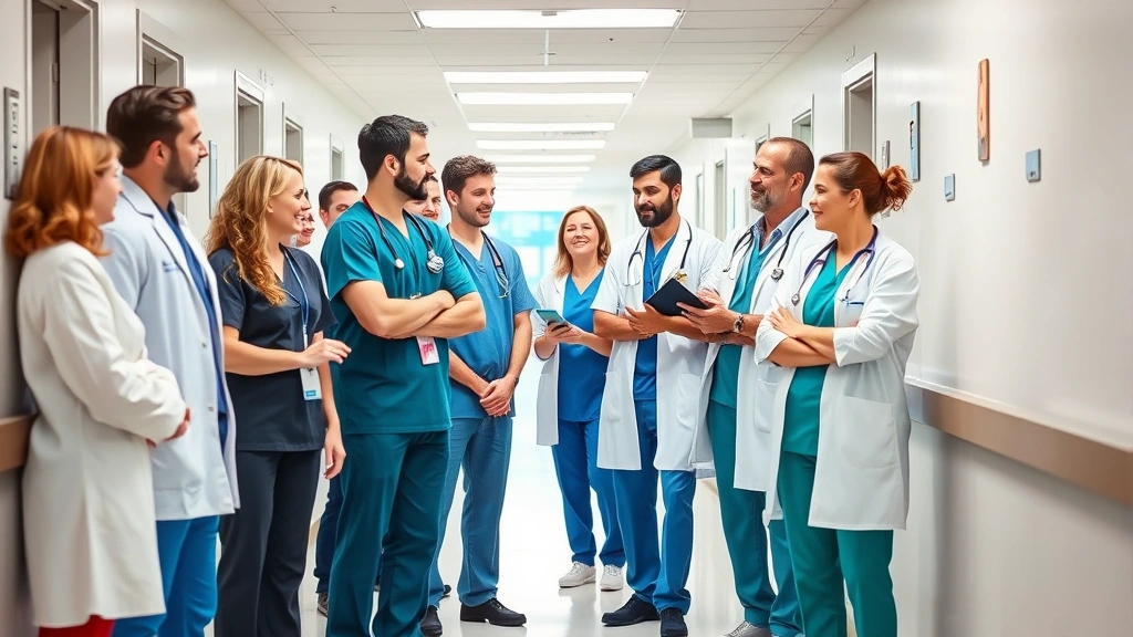 Diverse group of healthcare professionals in scrubs and white coats collaborating in bright medical facility hallway, genuine teamwork, modern healthcare environment, natural lighting
