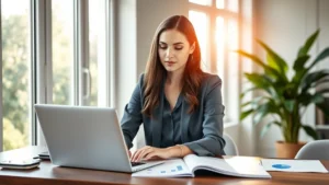 Professional woman working on laptop in modern home office with natural light streaming through windows, financial charts and documents on desk, healthy plant in background, peaceful concentrated expression
