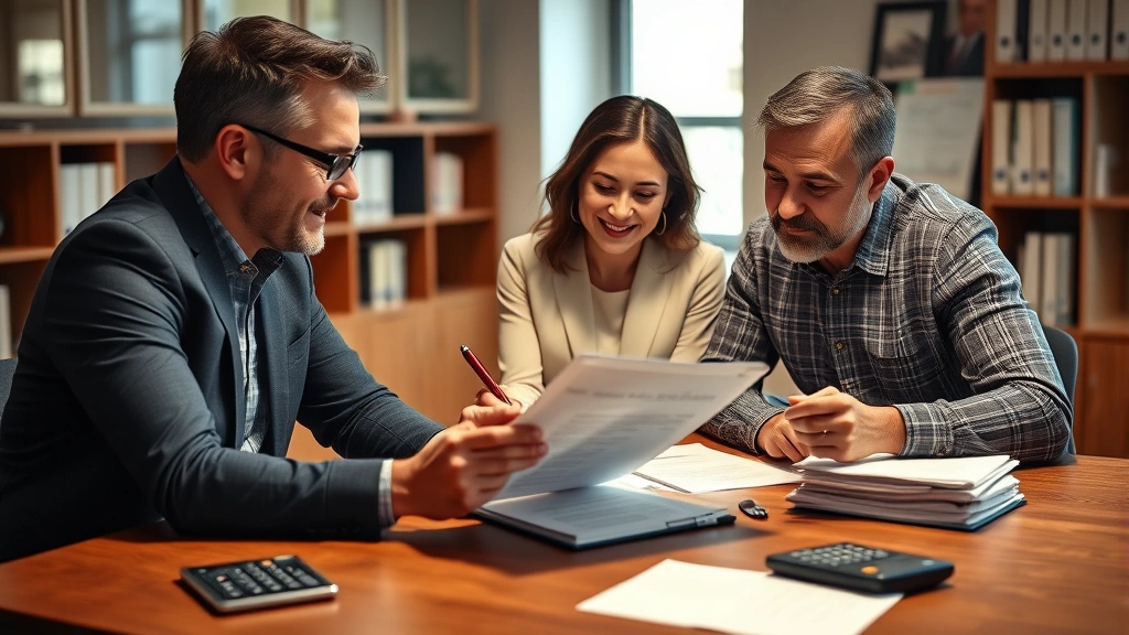 Diverse financial advisor meeting with couple reviewing documents and tablet at wooden desk, organized files and calculator visible, warm office lighting, collaborative planning atmosphere