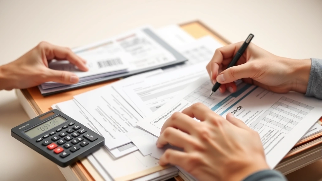 Close-up of hands organizing bills and financial documents into folders with calculator and pen, neutral background, organized system showing medical and personal finances separated
