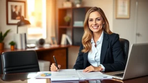 Professional woman in business attire sitting confidently at a desk with financial documents, natural office lighting, warm and empowering atmosphere, representing financial confidence and professional growth