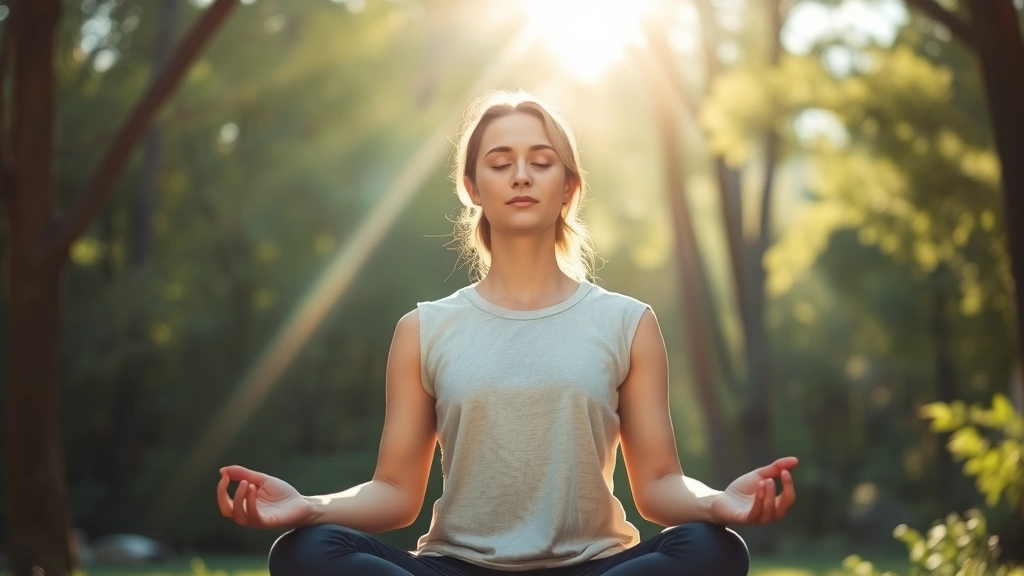 Peaceful person meditating in a serene natural setting with soft sunlight filtering through trees, calm expression, representing stress reduction and mental clarity for better decision-making