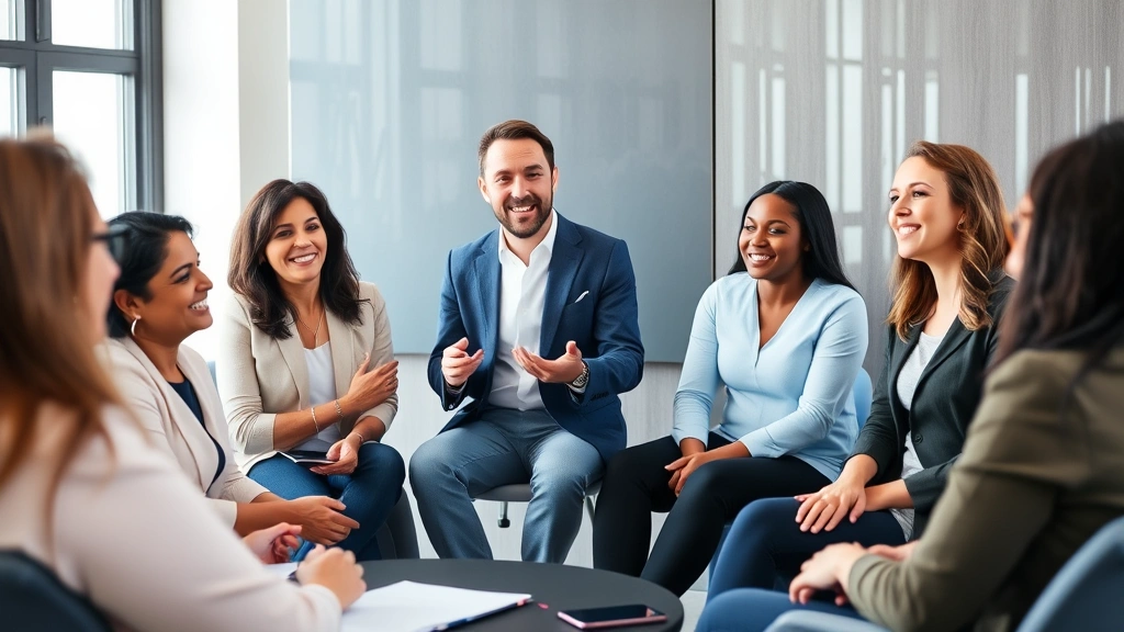 Group of diverse professionals in a supportive meeting or coaching session, engaged and positive body language, representing community support and collaborative wealth-building journey