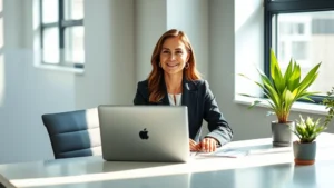 Professional woman in business attire sitting at modern desk with laptop, looking confident and focused, natural lighting from office window, minimalist workspace with plants, embodying financial confidence and mental clarity