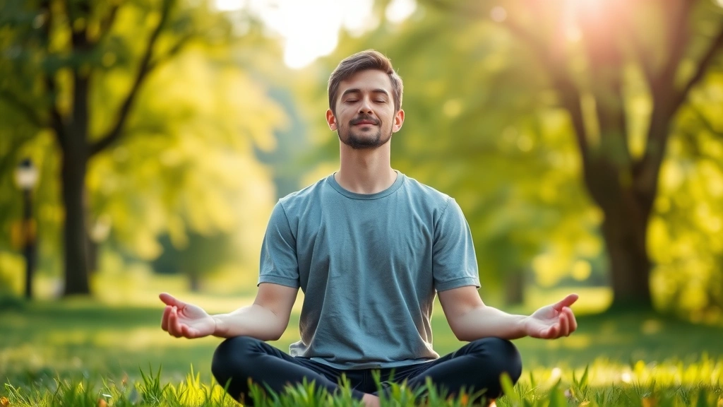 Person meditating outdoors in peaceful natural setting with green trees and soft sunlight, serene expression, representing stress management and emotional wellness as foundation for financial success