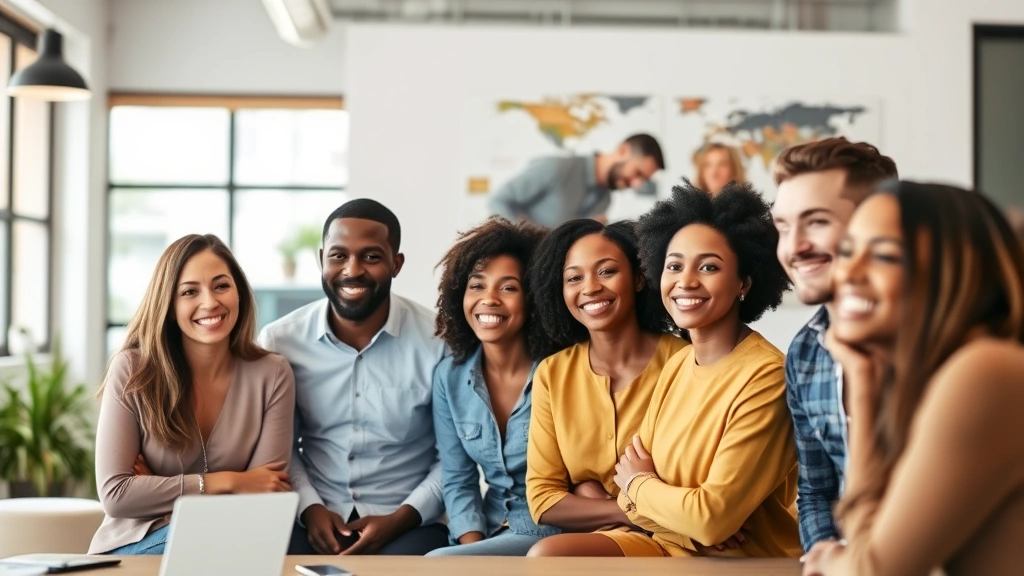 Diverse group of people in casual business setting having a positive discussion or meeting, smiling and engaged, representing community support and accountability in wealth-building journey