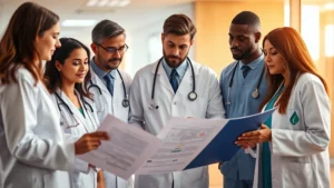 Professional healthcare worker in clinical setting reviewing patient charts with colleagues, warm lighting, diverse team collaboration, modern hospital environment, focused and engaged expressions